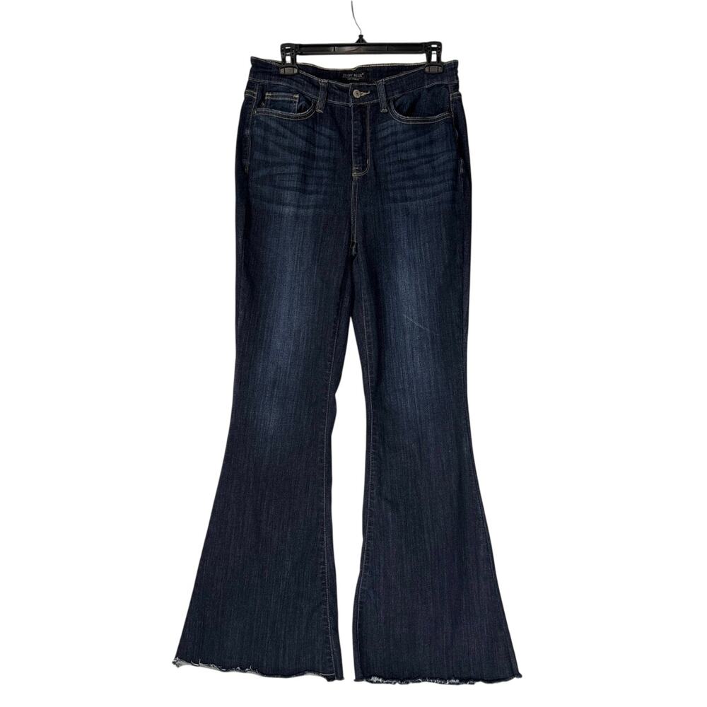 Judy Blue Flare Jeans Size 9/29 Blue High Waist Raw Hem Dark Wash Stretch Denim